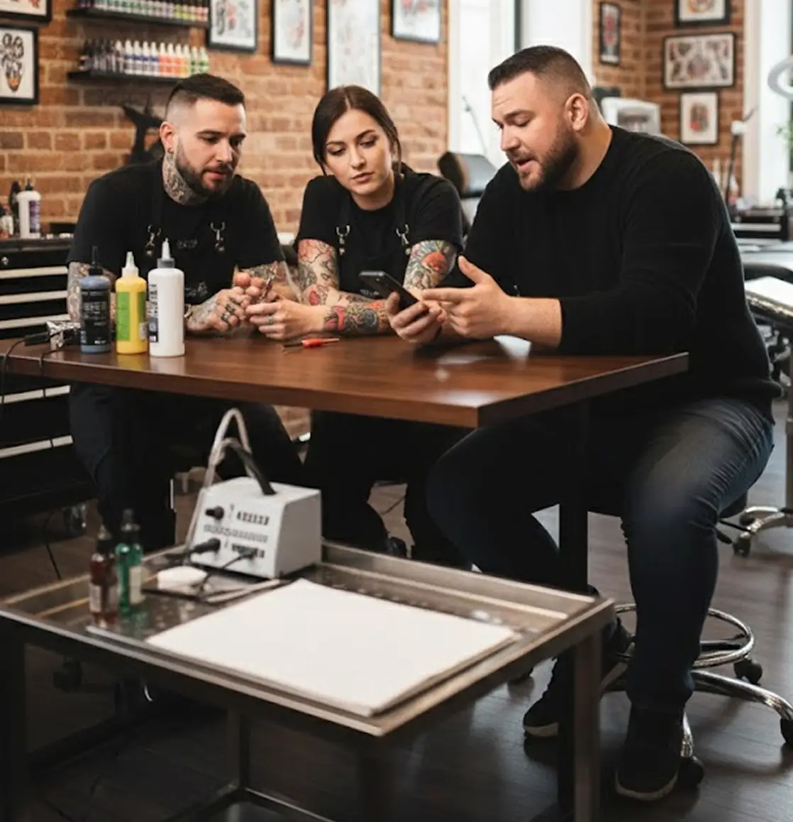 Picture of David Keyes sitting down with Tattoo artists in a tattoo studio discussing the app features and design strategy
