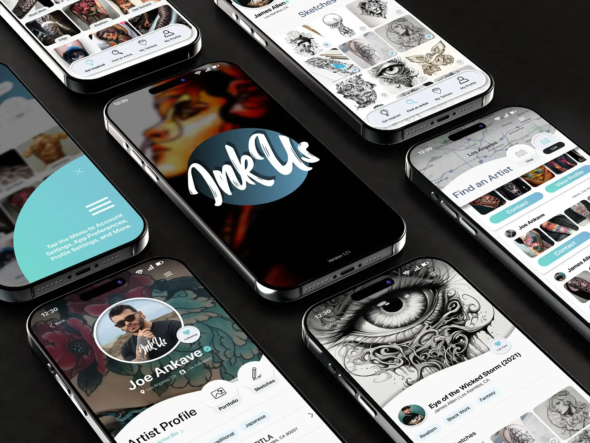 Cellphones laying on a surface showing different screens of cellphone app.