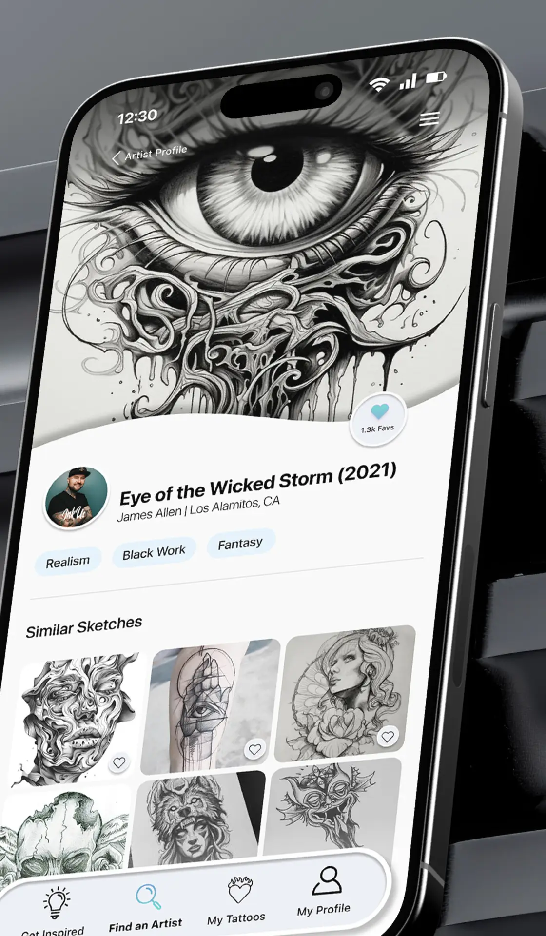A cellphone screen showing InkUs app screen of tattoo artist portfolio.