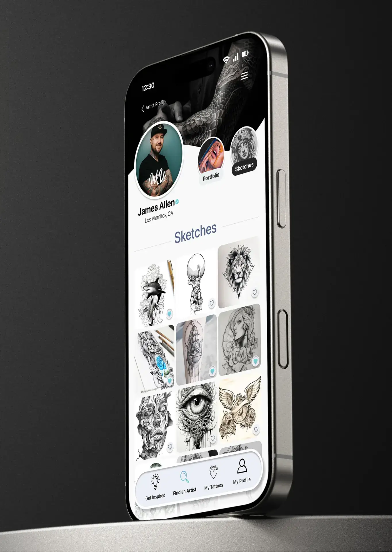 A cellphone screen showing InkUs app screen of tattoo artist portfolio.
