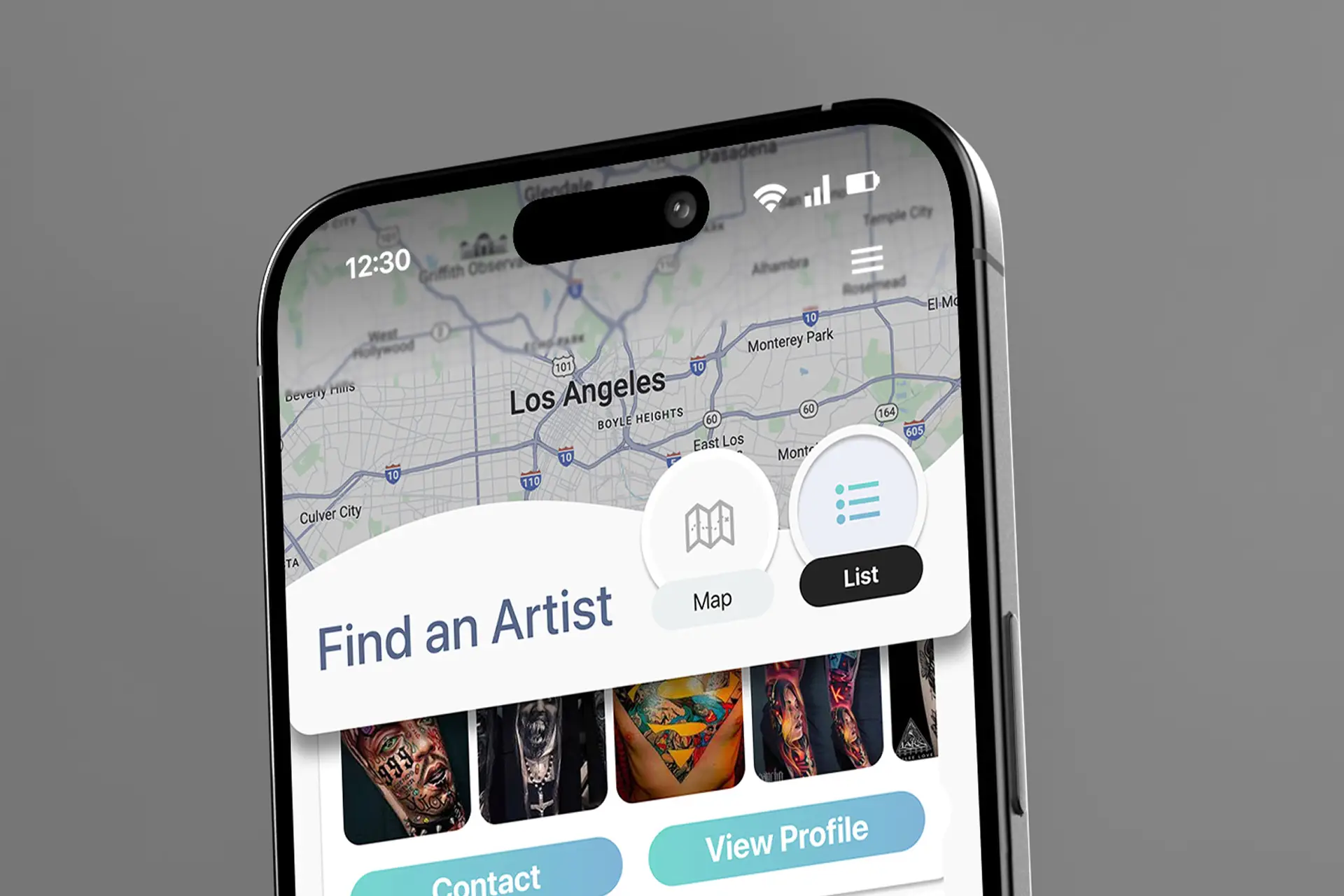 A cellphone screen showing InkUs app screen of feature finding a tattoo artist in local area.