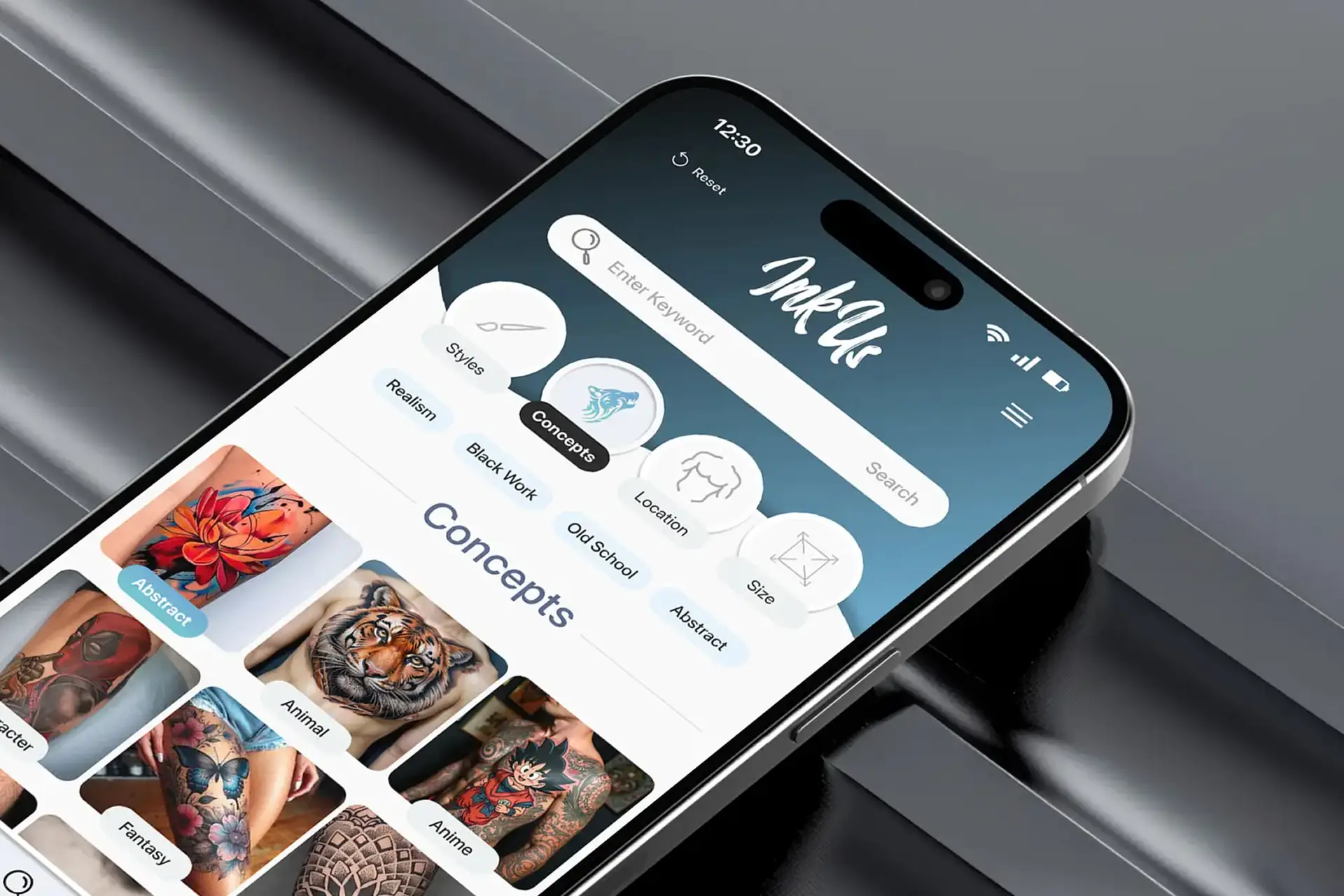 A cellphone screen showing InkUs app screen of concepts screen.